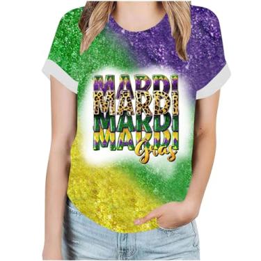Imagem de Camiseta feminina Mardi Gras de manga curta estampada camisetas de férias camisetas casuais folgadas blusas de carnaval, A05#multicor, G