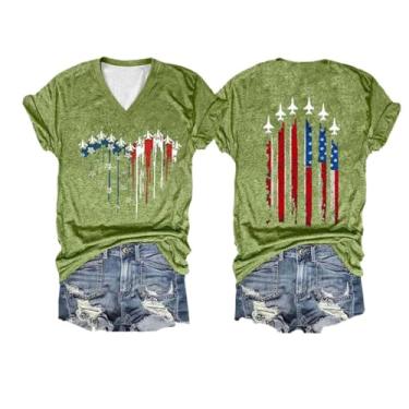 Imagem de Camiseta feminina com bandeira americana, manga curta, estampa patriótica, 4 de julho, gola V, camiseta de verão, Verde, 3G