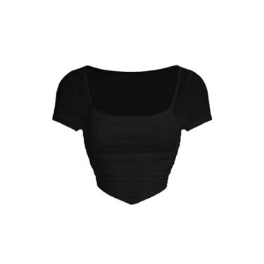 Imagem de GORGLITTER Camiseta feminina franzida com bainha de lenço de malha manga curta gola quadrada assimétrica, Preto, M