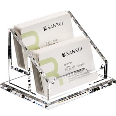 Imagem de SANRUI Suporte de cartão de visita de acrílico, suporte de cartão de visita transparente, suporte de exibição horizontal para exposição, casa e escritório, 2 bolsos de 2 níveis