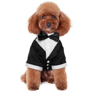 Imagem de Kuoser Camisa para cachorro roupas para caes pequenos para animais de estimacao, traje de gravata borboleta de terno elegante, camisa de casamento smoking formal com gravata preta, terno de gravata borboleta de casamento principe de cachorro G (costas: 29 cm, peito: 37 cm, pescoco: 25 cm)