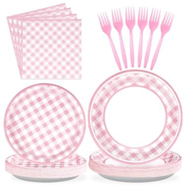 Imagem de Conjunto de pratos e guardanapos de papel xadrez rosa e branco de 350 g/m² para churrasco, piquenique, chá de bebê, decorações de festa de aniversário, serve para 24 pessoas