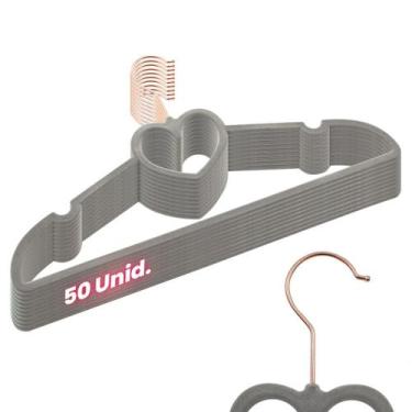 Imagem de Kit 50 Cabides Veludo Cinza Gancho Rose Slim Formato Coração - ARBORET
