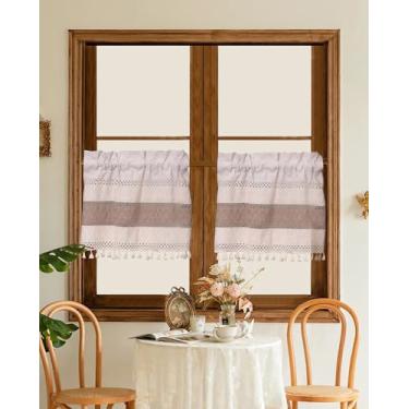 Imagem de BOYOUTH Cortina de saia curta listrada marrom de linho e algodão, cortinas de bolso para cozinha, sala de jantar, café, banheiro decoração de janela pequena, 73 x 61 cm, 2 painéis