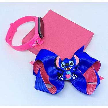 Imagem de Kit Relógio Infantil Digital Led silicone Ajustável Disney Stitch e Lilo Angel 3D + Laç...