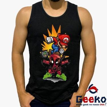Imagem de Regata Mario e Deadpool 100% Algodão Mario Bros Geeko, Preto, GG
