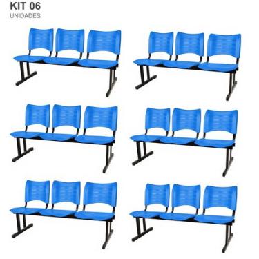 Imagem de Kit com 6 Cadeiras Longarina PLÁSTICA 03 Lugares Cor Azul Mastcmol