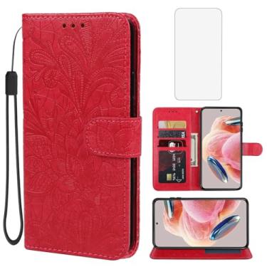 Imagem de Gufuwo Capa para Xiaomi Redmi Note 12 4G, capa carteira 23021RAAEG com protetor de tela de vidro temperado, flor de renda, couro PU, flip com suporte para cartão de crédito, capa para celular para