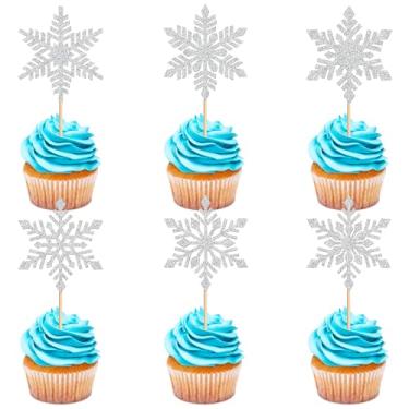 Imagem de Ercadio 24 PCS Snowflake Cupcake Toppers Glitter Winter Frozen Theme Snowflake Cupcake Picks for Winter Wonderland Baby Shower Kids Birthday Christmas Party Cake Decorations Supplies Silver