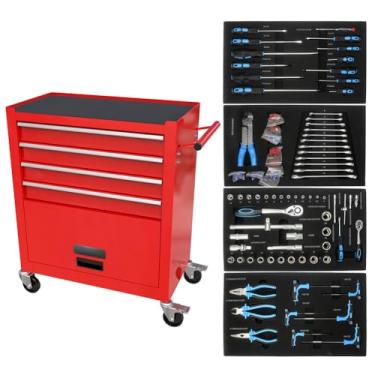 Imagem de SPOFLYINN Caixa de ferramentas de 4 gavetas carrinho de ferramentas rolante sobre rodas para mecânica caixa de ferramentas de metal armários de armazenamento para garagem vermelho