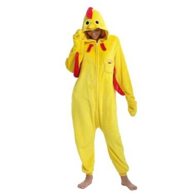 Imagem de Xaunohu Pijama adulto macacão animal uma peça fantasia de galinha amarela cosplay para mulheres e homens (frango amarelo, médio)