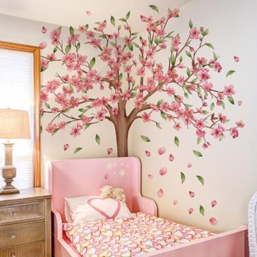 Imagem de Decalques de parede grandes de flor de cerejeira - adesivos de parede de árvore de flor rosa para meninas crianças quarto berçário sala de estar TV decoração de parede (H: 45 polegadas)