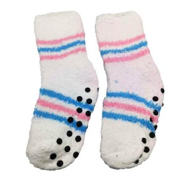 Imagem de kit 2 Meias Pelúcia infantil Inverno Menina Listras Antiderrapante Que