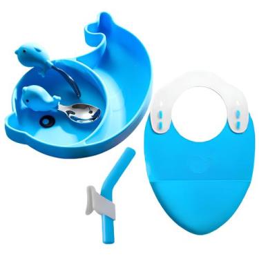 Imagem de Kit Alimentação Bebê Silicone Talher Prato Babador Golfinho - ONYONSTO