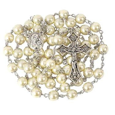 Imagem de Nazareth Store Colar de rosário com contas de creme de pérola, medalha de solo sagrado e rosários católicos cruzados para mulheres, homens
