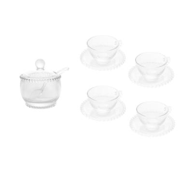 Imagem de Combo 4 Xícaras 180 Ml Com Pires + 1 Açucareiro Pearl Bolinha Wolff Transparente