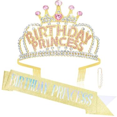 Imagem de Wecoe Coroa e faixa de aniversário para mulheres, meninas, coroa de princesa, ouro, strass, tiaras e coroas, lembrancinhas de festa de aniversário de 16 anos, 18, 21, 25 anos, presentes para ela