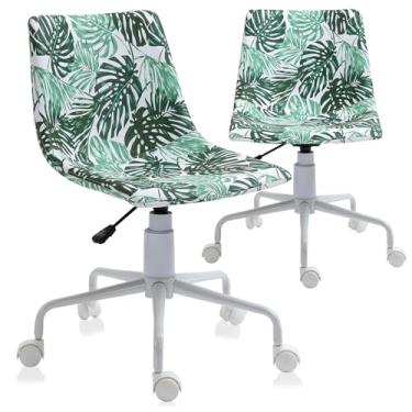 Imagem de ISL Furnishings Cadeira de escritório sem braços em impressão de folha de bananeira de vinil (branca) – Cadeira ergonômica no meio das costas com rodas, sem apoio de braço, rolagem giratória, altura