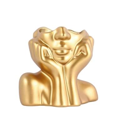 Imagem de Romehaha Vaso de flores pequeno, vaso de arte de rosto de resina de resina ideal para decoração de prateleira de mesa, vaso de plantas com cabeça de planta, dourado, moderno, 10 cm C x 7 cm L x 9 cm A