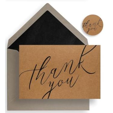 Imagem de Conjunto de 40 cartões de agradecimento Kraft com envelopes, envelope elegante de vison com elegância interior preta, adesivos combinando - Ideal para casamento, chá de panela, negócios, chá de bebê,