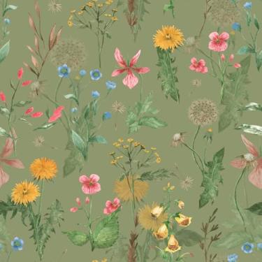 Imagem de VEELIKE Papel de parede floral verde de 48 cm x 900 cm, papel de parede floral vintage de flores silvestres, pré-colado, papel de parede botânico removível para quarto, banheiro, vegetação, papel de