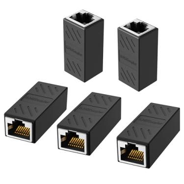 Imagem de Adaptador Ethernet RJ45 - Acoplador blindado em linha para conector extensor de cabo Ethernet Cat7/Cat6/Cat5e/cat5 - fêmea para fêmea, preto - pacote com 5