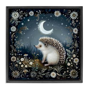 Imagem de Stupell Industries Hedgehog Under Forest Moon Framed Floater Canvas Wall Art Design by The Dutch Lady, moldura flutuante preta, 45,7 x 45,7 cm