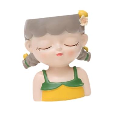 Imagem de Generic Cartoon Girl Planter Vaso de Plantas Decorativo Vaso de Mesa Pequeno Vaso de Flores de Resina para Pátio, Cinza Amarelo