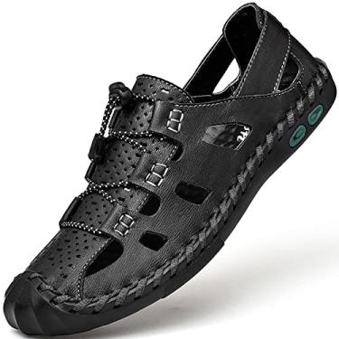 Imagem de Sandálias masculinas Chinelos masculinos chinelos de dedo fechado sapato de verão couro respirável externo casual praia esporte caminhada trabalho masculino marrom preto grande tamanho grande, Preto, 8