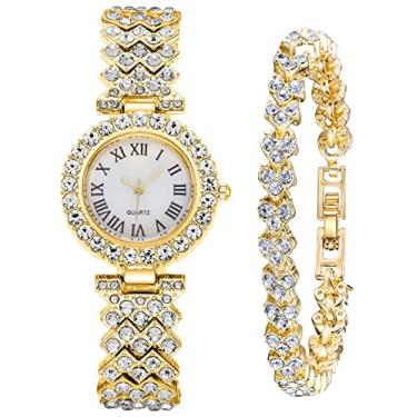Imagem de ADSBIAOYE Relógios de pulso femininos de luxo, pulseira de diamante, moda casual, quartzo, relógio feminino, 03, ouro, Decoração de lazer