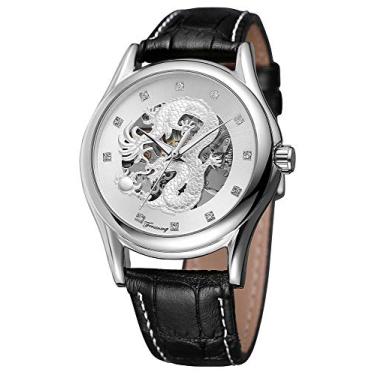 Imagem de MASTOP Relógios masculinos de couro de luxo masculino automático mecânico coleção dragão relógio de pulso esqueleto dourado, Preto, prata, Mecânico