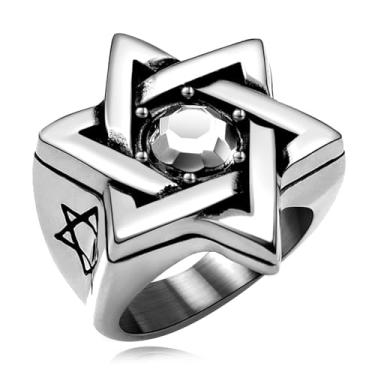 Imagem de Oaldilee Anel Estrela de Davi para homens e mulheres, ouro 18 quilates, aço inoxidável, vintage, zircônia cúbica, proteção de amuleto, tamanho 7-14, Metal, Zircônia cúbica