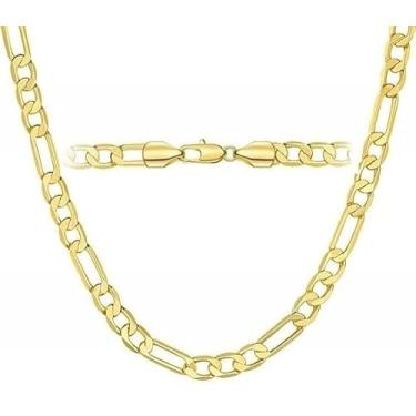 Imagem de IMPRESSIVE Corrente de elos fígaro banhada a ouro 14K, colar de 55 mm, joia de 5 mm para homens e mulheres. Colar laminado Cadena de Oro para Hombre Mujer, One size, Liga banhada a ouro, Sem Pedra
