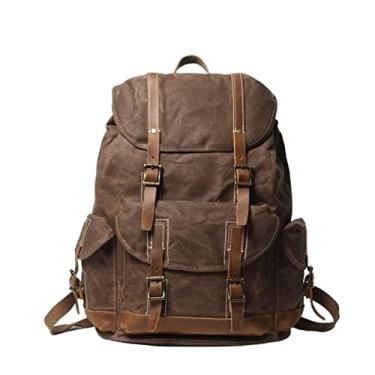Imagem de Mochila masculina de lona vintage mochila feminina de couro genuíno para homens mochila grande mochila escolar(Coffee)