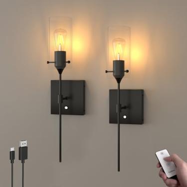 Imagem de ThyFenno Arandela de parede operada por bateria com controle remoto, conjunto de 2 lâmpadas de parede reguláveis, recarregáveis, pretas sem fio, para sala de estar, quarto, corredor, fazenda, lâmpada