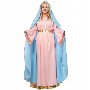 Imagem de UniqKaliber Fantasia feminina Halo Virgem Maria, fantasia bíblica azul para adultos e presépio