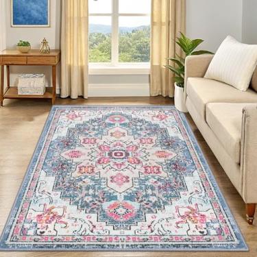 Imagem de Smiry Tapetes de área de 10 x 15 cm para sala de estar, tapetes estampados estilo boho chique, pelo baixo, não cai, fáceis de cuidar, laváveis na máquina, tapetes leves para quarto, sala de jantar,