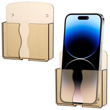 Imagem de Ymapinc Suporte de celular de parede transparente, 2 peças, para cama, autoadesivo, suporte de controle remoto de cabeceira com orifício de carregamento para a maioria dos celulares