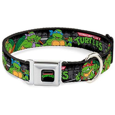 Imagem de Buckle-Down Coleira para cães com fivela de cinto de segurança - Classic TMNT Group Pose4 em logotipo de esgoto/TMNT - 3,8 cm de largura - Serve para pescoço de 40,6-58,4 cm - Médio
