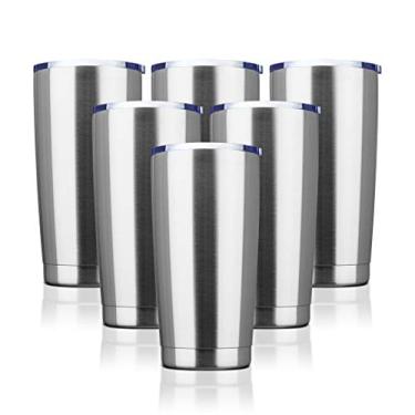 Imagem de EcoMozz Copo de 590 ml de aço inoxidável isolado a vácuo com tampa caneca de viagem de parede dupla, copo de café revestido em pó, adequado para bebidas geladas e bebidas quentes (pacote com 6