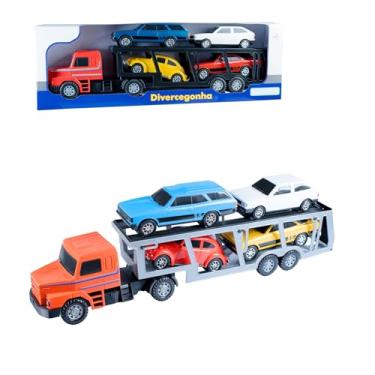 Imagem de Caminhão Brinquedo Carreta Cegonha com 4 carrinhos clássicos fusc opala carava gol transcegonhaha cegonheira Grande 71 cm