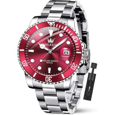 Imagem de OLEVS Relógio de pulso masculino de luxo com mostrador grande, aço inoxidável, analógico, quartzo, à prova d'água, luminoso, G5885-prata-vermelho, round, Relógio executivo