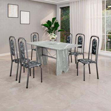 Imagem de Conjunto de Mesa Tubular 140cm X 75cm Tampo Granito Topázio com 6 Cadeiras Lara Preto/Prata