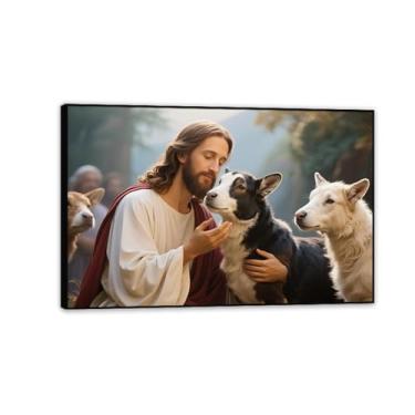 Imagem de Arte de parede em tela Jesus e Cordeiro, Jesus e Cordeiro Cristão, Jesus Cristão Rei Leão Impressão Pôster Pintura Religiosa Arte Igreja Decoração de Parede Imagens 45x30 cm Moldura Preta