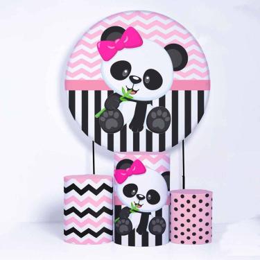 Imagem de Kit Painel de Festa Redondo de 1,50m e Trio de Cilindros Panda - Fera Print