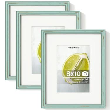 Imagem de Venusmiles Porta-retrato de 20 x 25 cm, moldura de madeira maciça envelhecida com vidro temperado HD, moldura retrô rústica com tapete removível de 12 x 18 cm, tela de parede ou mesa - azul-petróleo