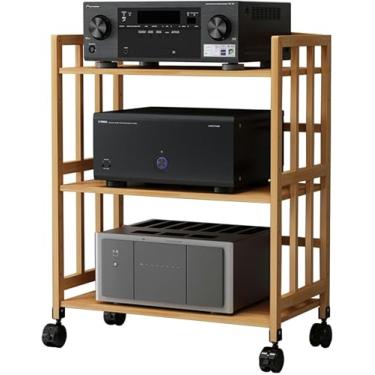 Imagem de LGEOELIAS Suporte de mídia de 3 camadas, suporte para leitor de CD com prateleira de madeira ajustável em altura, organizador de componentes estéreo de entretenimento para casa/escritório/teatro
