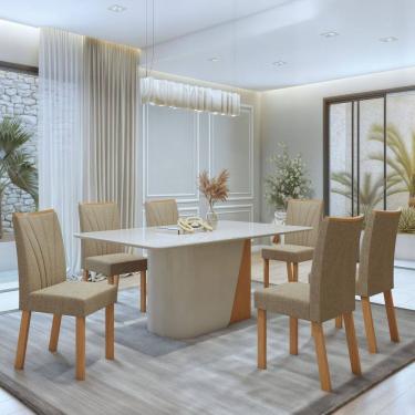 Imagem de Conjunto Luar 170cm Tampo MDF com Vidro e 6 Cadeiras Apogeu Amêndoa Clean/Off White/Bege