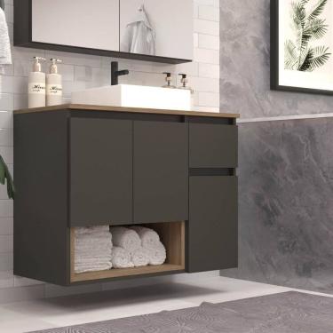 Imagem de Gabinete Banheiro Suspenso 80cm Aurora com 03 Portas 01 Gaveta e Nicho com Cuba Mel/Graffite