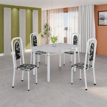 Imagem de Conjunto de Mesa Tubular 120cm X 75cm Tampo Granito Ocre com 4 Cadeiras Lara Floral Preto / Branco